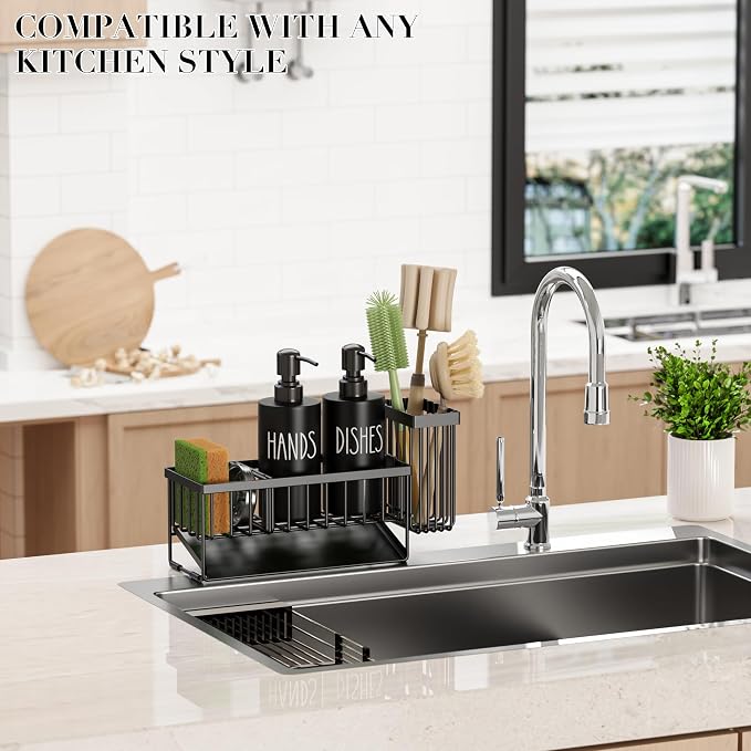 MASADI Kitchen Dish Soap Dispenser Set with Sponge Holder, 12OZ Glass Bottle, Hand and Dish Soap Dispenser Set, Non-Slip Silicone Pad, Brush Holder, Kitchen Sink Organizer Countertop (Black)