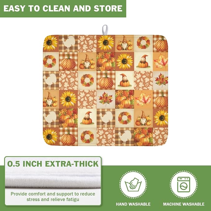 Fall Thanksgiving Dish Drying Mat for Kitchen Counter Autumn Harvest Orange Dish Drainer Mat Rustic Absorbent Washable Drying Pad 16"x18"