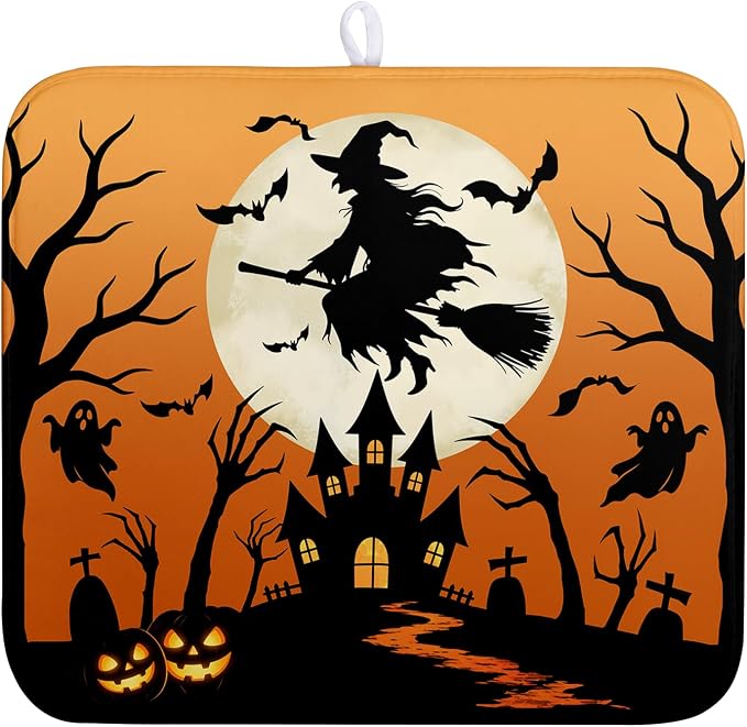 Halloween Dish Drying Mat for Kitchen Counter 16x18 Witch Castle Bats Ghost Drying Pad Orange Black Fall Holiday Dishes Drainer Mat Absorbent Microfiber Kitchen Countertop Protector Dish Mat