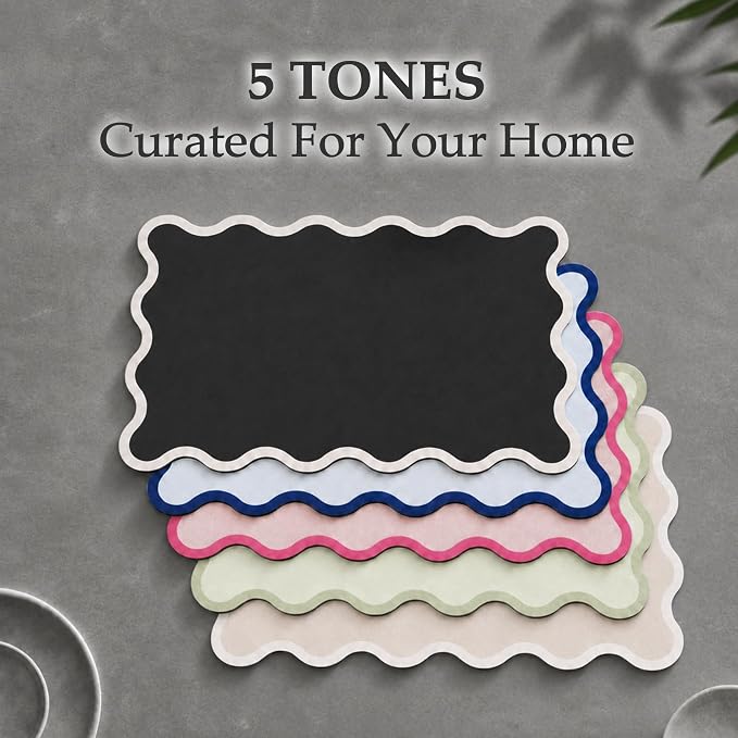 Scalloped Dish Drying Mat for Kitchen Counter, Absorbent Easy Clean Non-slip Coffee Bar Station Accessories, Trendy Cute Aesthetic Modern Drainer Kitchen Drying Mat, Black 15" x 24"