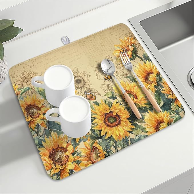 Sunflower Dish Drying Mat for Kitchen Counter Vintage Yellow Sunflowers Microfiber Dish Drainer Mat Spring Summer Watercolor Floral Absorbent Washable Drying Pad Extra Large 16"x18"
