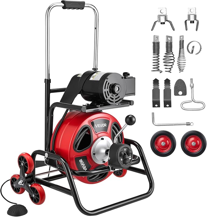 VEVOR Drain Cleaner Machine 100 FT x 1/2 Inch, Auto Feed Sewer Snake Auger, Portable Drain Cleaning Machine with Climbing Wheels, Adjustable Drum, 8 Cutters & Foot Switch for 2" to 6" Pipes
