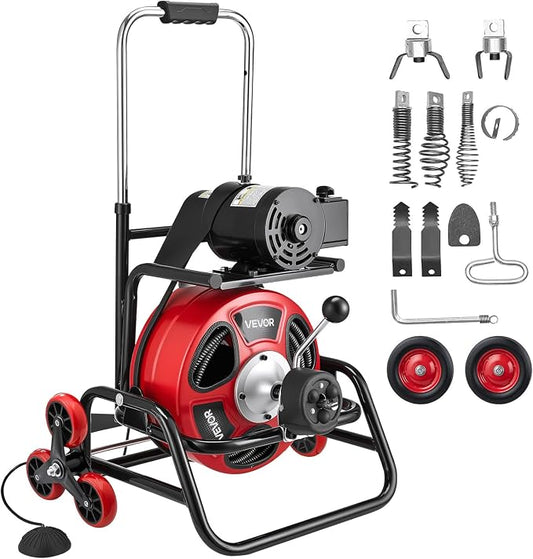 VEVOR Drain Cleaner Machine 100 FT x 1/2 Inch, Auto Feed Sewer Snake Auger, Portable Drain Cleaning Machine with Climbing Wheels, Adjustable Drum, 8 Cutters & Foot Switch for 2" to 6" Pipes