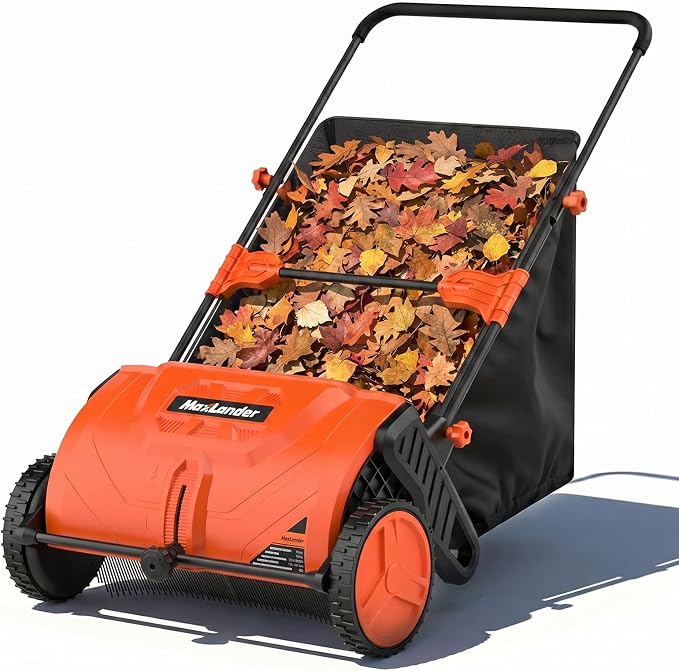 MAXLANDER 26-Inch Push Lawn Sweeper with 7 Cu.Ft. Large Collection Hopper, Manual Leaf & Grass Sweeper, Adjustable Rotating Brush Height for Lawn, Yard & Garden Cleanup Grass Catchers