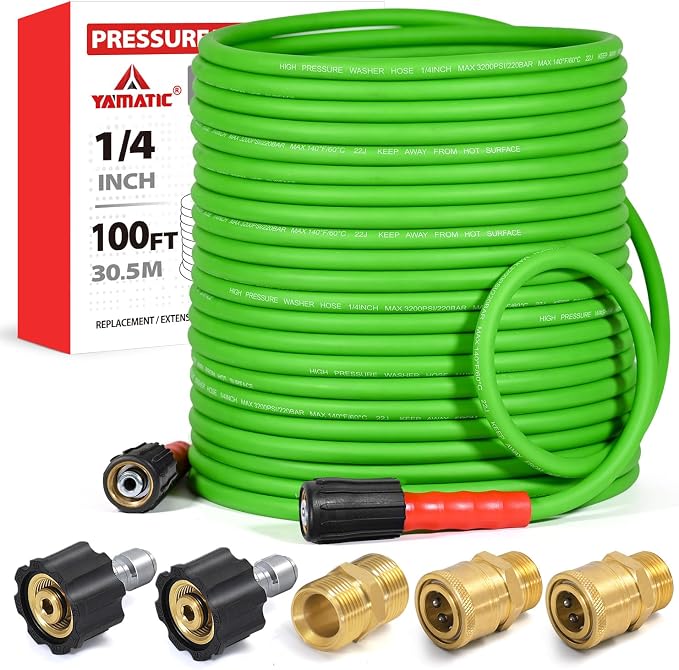 YAMATIC Super Flexible Pressure Washer Hose 100FT for Power Washer Replacement, Kink Resistant Extension With Leak-Free M22-14mm Female & 3/8" Quick Connect Adapters, 1/4" 3200 PSI, Green
