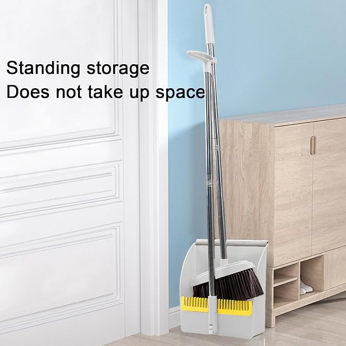 42.7'' Broom with Dustpan Combo Set, House Warming Gifts New Home, Dust pan and Broom Set, Long Handle Broom with Stand Up Dustpan Combo Set for Office Home Kitchen Lobby Floor Use (Khaki)