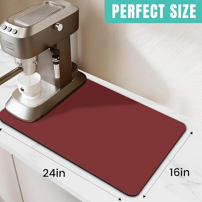 WISELIFE Coffee Mat Super Absorbent Dish Drying Mat Coffee Bar Accessories Match with Machine Large Drying Mats for Kitchen Counter 16" W x 24" L, Red