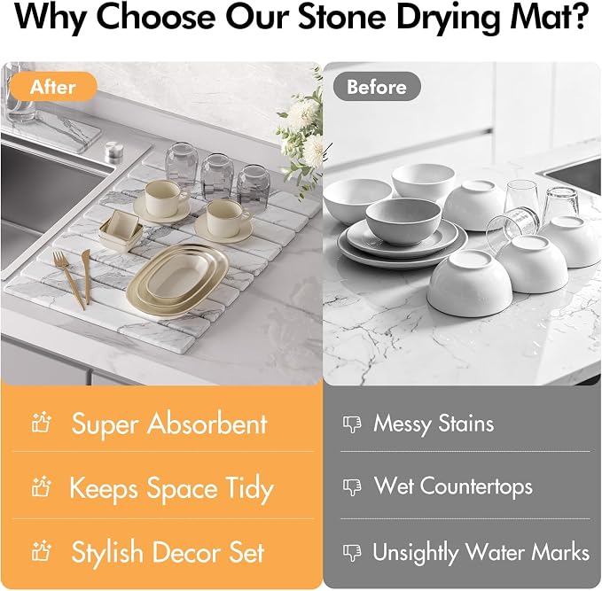 4 Pcs Diatomaceous Earth Dish Drying Mat Set, 24''x16'' Stone Dish Drying Mat, Faucet Mat and 2 Coasters for Kitchen Counter, Super Absorbent Quick Dry Mats for Dishes Bottles Cups