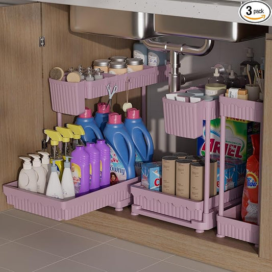Sevenblue 3 Pack Multi-Purpose Pull-Out Storage Organizers, 2-Tier L-Shaped Under Sink/Cabinet Organizers and Storage for Bathroom & Kitchen,Pink,14.85 Inch