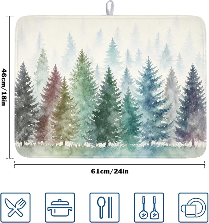 Giwawa Pine Tree Dish Drying Mat Natural Forest Fog Microfiber Dishes Pad 18x24 Inch Absorbent Fast Dry Dish Drainer Rack Mats for Kitchen Counter