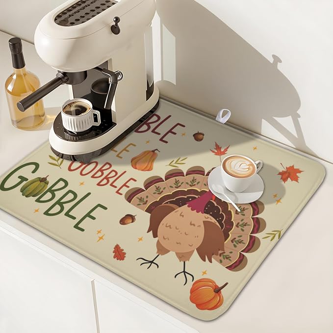 Thanksgiving Turkey Dish Drying Mat for Kitchen Counter 16x18 Inch Pumpkin Dish Drainer Mat Absorbent Microfiber Gobble Dish Rack Pad for Fall Holiday Coffee Dining Bar Decor