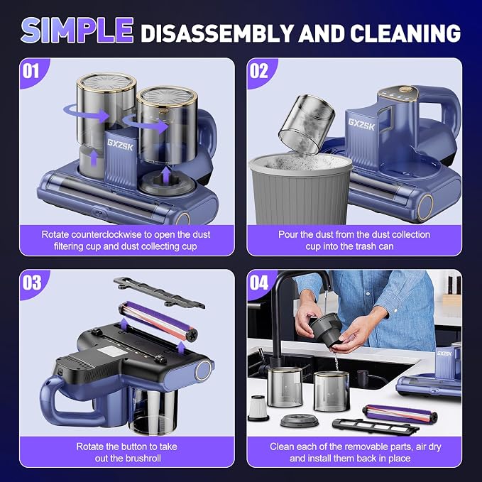 Gxzsk Mattress Vacuum Cleaner, 16kPa Bed Vacuum Cleaner, Handheld Vacuum | 253.7nm UV-C Light, Ultrasonic & 140℉ Heating, Dual Cup & Widen Suction Port for Bed, Sofa, Couch, Crib (500W, Corded)
