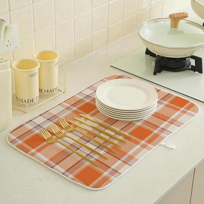 Fall Dish Drying Mat 18x24 Inch Burnt Orange Buffalo Plaid Drying Mat Autumn Checkered Harvest Thanksgiving Holiday Absorbent Dish Drying Pad Dish Rack Drainer Mats for Kitchen Dining Counter