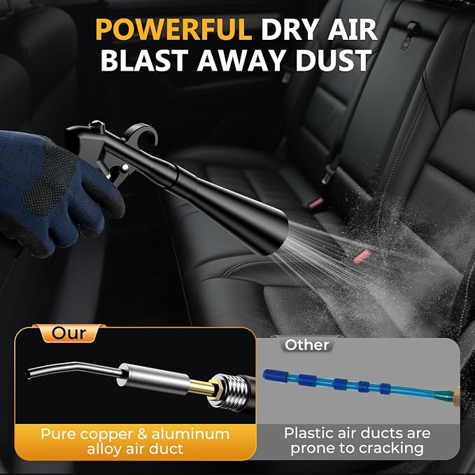 Air Cleaning Gun for Car Detailing, Works with Air Compressor | Aluminum alloy air blaster with 0-230 PSI airflow, Soft brush and 3 adapters for vents, Seat gaps and garage cleanup