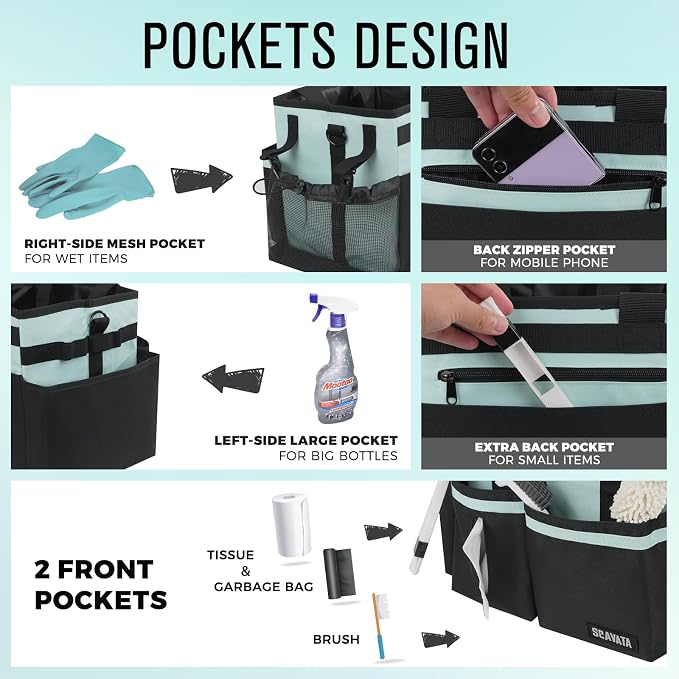 SCAVATA Compact Wearable Cleaning Caddy with Handle & Shoulder Straps | Small Cleaning Supplies Organizer, Under Sink & Car Cleaning Tools Storage Bag for Housekeepers Cleaners, Baby Blue