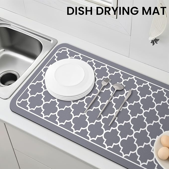 WISELIFE Dish Drying Mat Super Absorbent Drying Mat Large Dish Drying Mats for Kitchen Counter Easy Clean Dish Mat Kitchen Drying Mat18"x 32" Stylish Grey