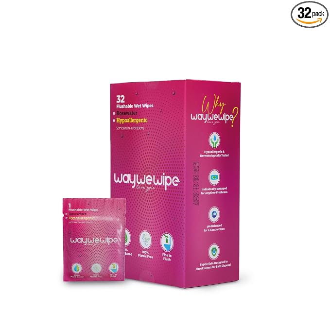 On-The-Go Flushable Feminine Wet Wipes, 32 Count XL Individually Wrapped Female Wipes, Hypoallergenic 100% Plant Based Septic Safe, Travel Size Adult Cleansing Cloth for Women, Rosewater