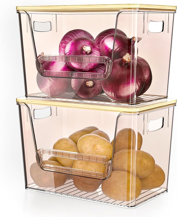 Delamu 2 Set Pantry Organizers and Storage,Trash Bag Dispenser with Bamboo Top,Stackable Trash Bag Dispenser Under Sink Organizer for 4-30 GalBags,Onion,Potato,Fruits,Amber(11-7/32"L*7" W*7-1/8"H)