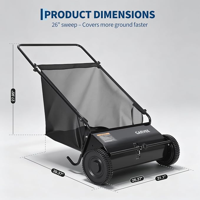 Garvee Push Lawn Sweeper, 26" Leaf & Grass Collector with 7Cu.ft Hopper Bag | Heavy Duty Yard Sweeper with Clear Dust Cover & Large Collection Bag for Leaves, Grass Clippings, for Lawn Yard Cleanup