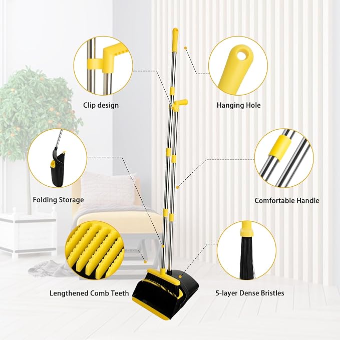 Broom and Dustpan Set,Long Handle,Black Yellow | Stand up Dustpans with Broom Combo, Indoor & Outdoor Sweeping, for Home Room Kitchen Office Lobby