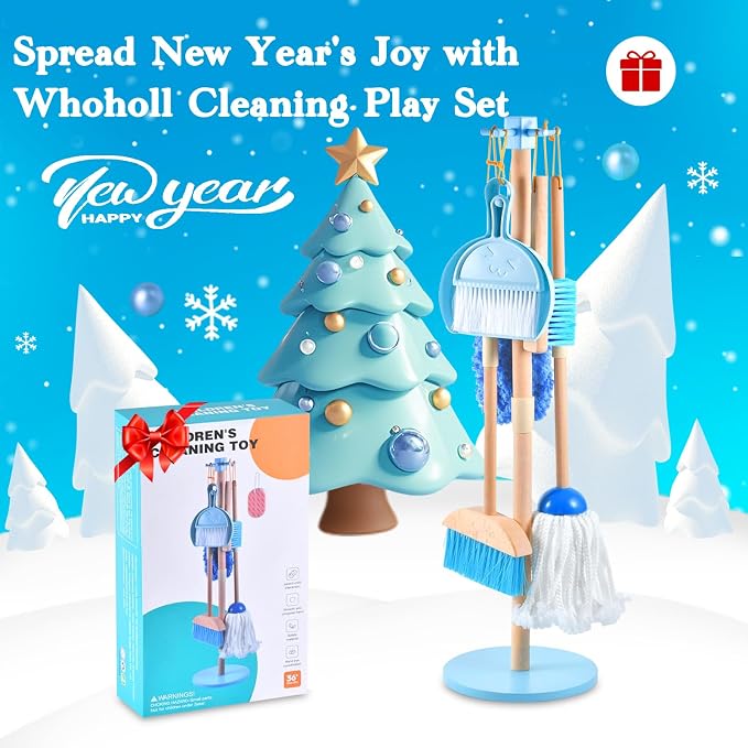 WHOHOLL 9 Pcs Wooden Kids Cleaning Toy Set, Cleaning Toys for Toddlers 3-6, Housekeeping Play Set Includes Broom Mop Duster Dustpan Sponge and Organizing Stand, Christmas Birthday Gifts for Boys Girls