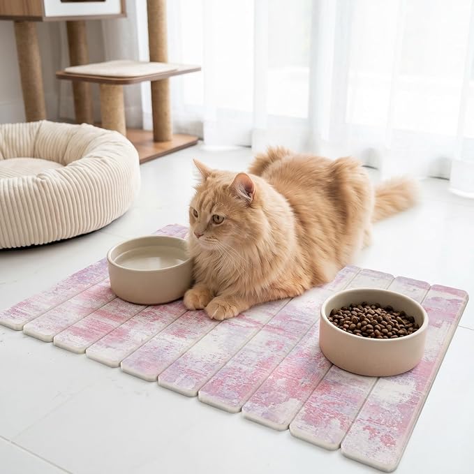 Findosom Large Stone Dish Drying Mat for Kitchen Counter, 23.6" × 15.3" Foldable Non-Slip Stone Drying Mat with Abstract Pattern, Heat Resistant Diatomaceous Earth Mat for Bath, Dishes, Cups, Pink