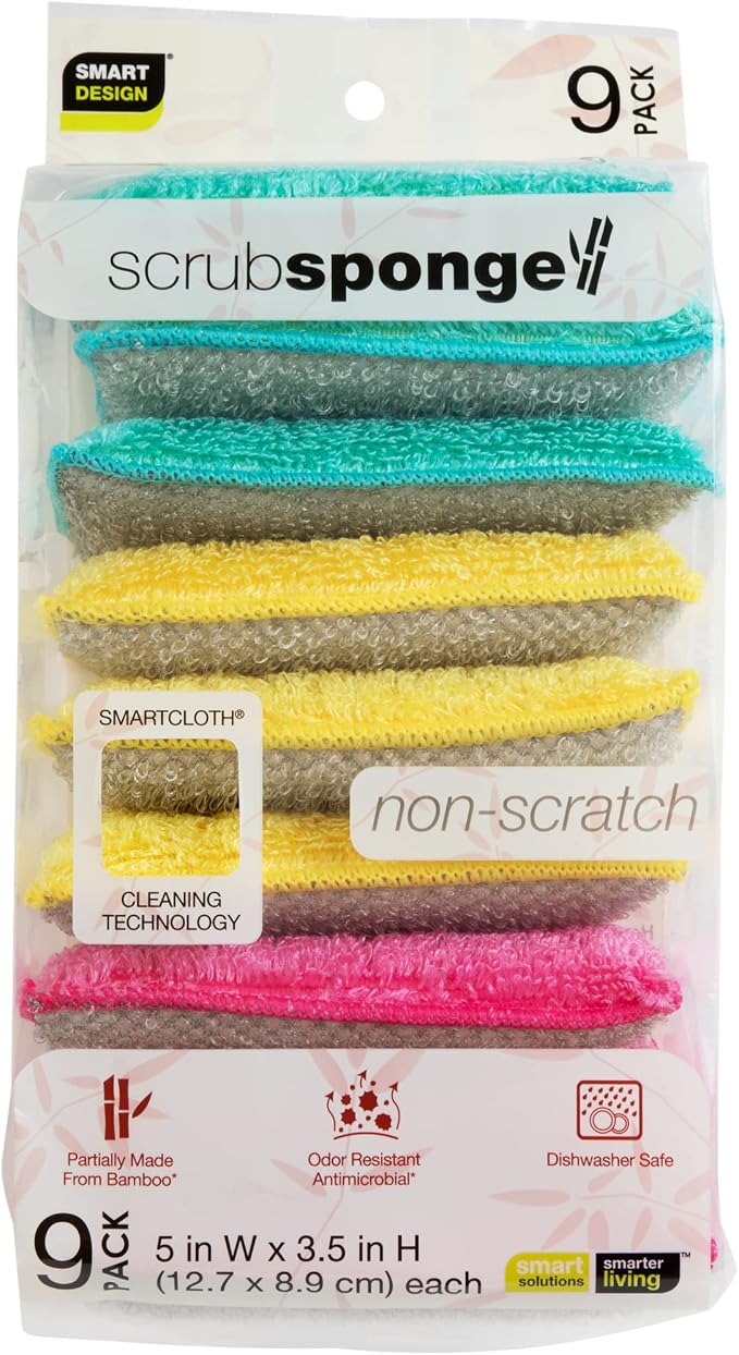 Smart Design Non Scratch Scrub Sponge with Bamboo Odorless Rayon Fiber - Set of 9 - Ultra Absorbent - Soft and Scrubber Side - Cleaning, Dishes, and Hard Stains - Vibrant - Yellow, Green, Pink