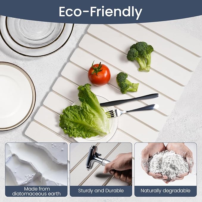 Meowoo Stone Drying Mat for Kitchen Counter, 23.6"x15.3" Foldable Diatomaceous Earth Mat, Super Absorbent, Quick-Dry Bath & Kitchen Pad for Dishes, Cups, Bottles, Non-Slip, Fits Any Countertop - White