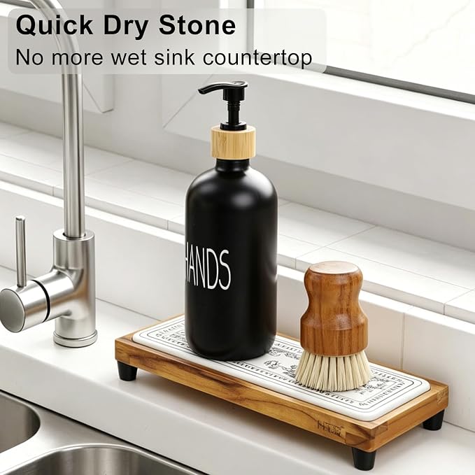 HTB Teak Instant Sink Caddy Organizer, Absorbing Stone Bathroom Tray White | Teak, Keep Dry, Caddy Organizer, Water Absorbing Stone, Non-Slip, Bathroom, Quick Drying, White