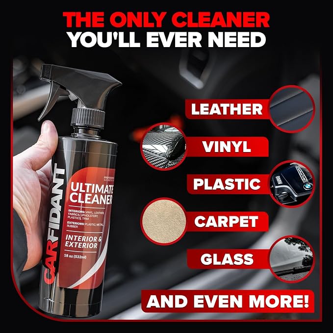 Carfidant Car Interior Cleaner – Stain Remover & Odor Eliminator – No Residue Finish – Safe on Leather, Fabric, Carpet & Plastic – Detailing Spray with Microfiber Towel – 128oz