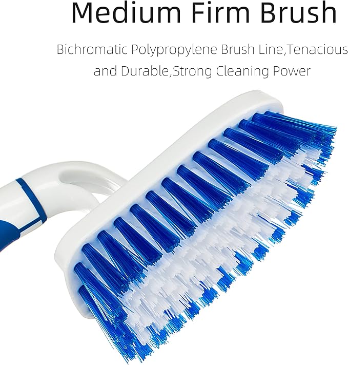 2-Pack Scrub Brush for Cleaning with Long Handle, White&Blue | Medium Firm Bathroom Cleaning Supplies, Bathtub and Shower Cleaner Brush, Multi-Scene Use for Kitchen or Carpet Cleaning