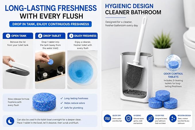 Silicone Toilet Brush and Holder Set with 3 Cleaning Tablets, Quick-Dry Base, Flexible Non-Scratch Bristles, Odor-Free Bathroom Toilet Bowl Cleaner Brush, Compact Space-Saving Design