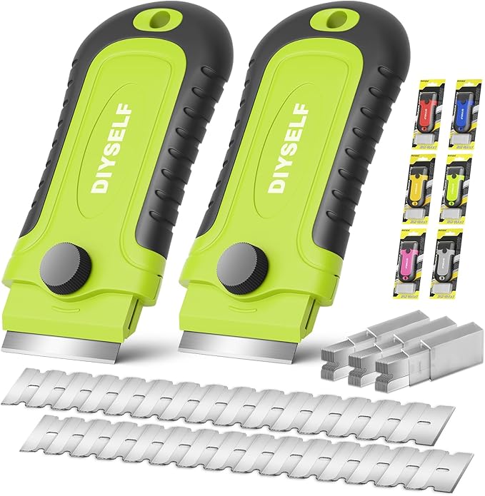 DIYSELF 2 Pack Razor Blade Scraper Tool with 30 Blades, Razor Blade Scraper | Razor Scraper Tools for Cooktops, Oven Glass, Windows, Tile and Metal, Paint Scrapers with Built-In Blade Storage
