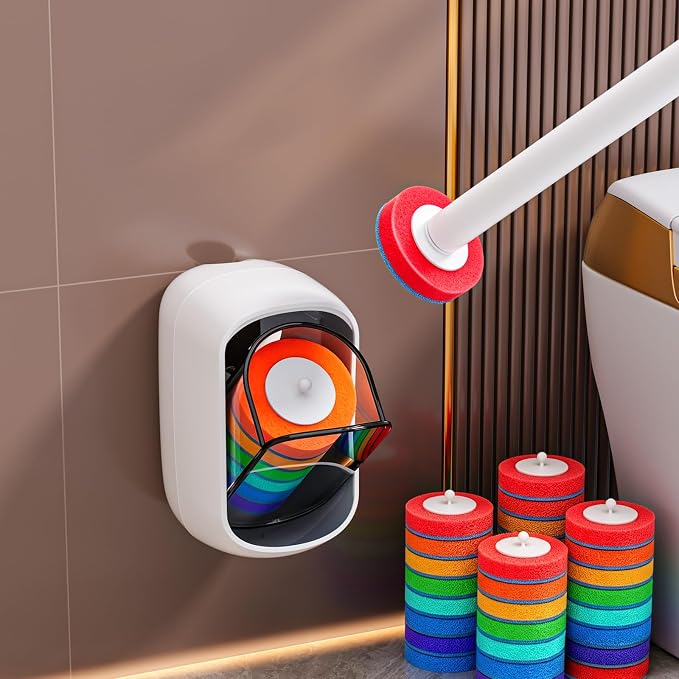Disposable Toilet Brush with 35 Refill Pads, Auto-Open, Water-Activated Cleaning Heads, Wall-Mounted Toilet Kit for Bathroom & Tub