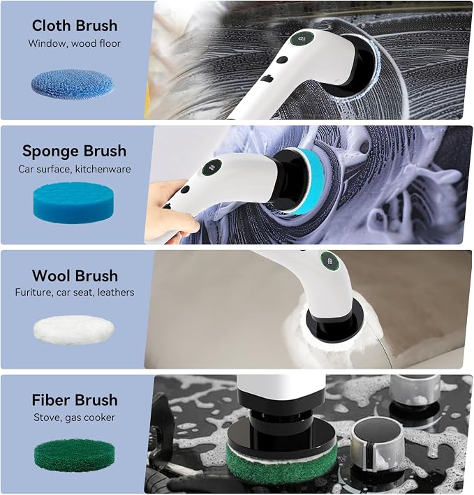 Electric Bathroom Cleaning Brush Cordless Shower Scrubber SD-CTB01 | Spin Scrubber Full Body Waterproof IPX7 with Adjustable Handle, 8 Replaceable Brush Heads for Bathtub/Kitchen/Window/Home