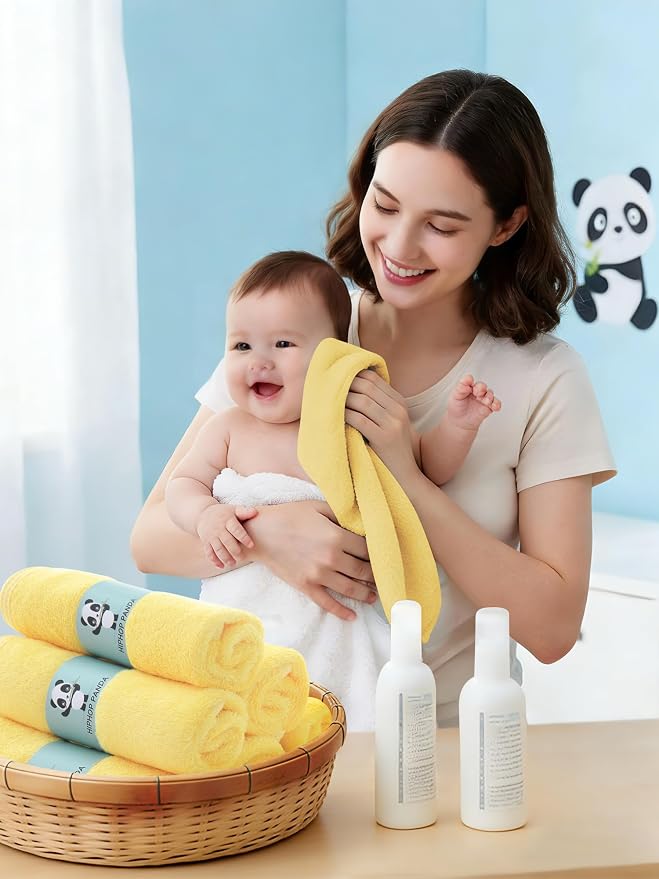 HIPHOP PANDA Baby Washcloths, Rayon Made from Bamboo - 2 Layer Ultra Soft Absorbent Newborn Bath Face Towel - Reusable Baby Wipes for Delicate Skin - Yellow, 6 Pack