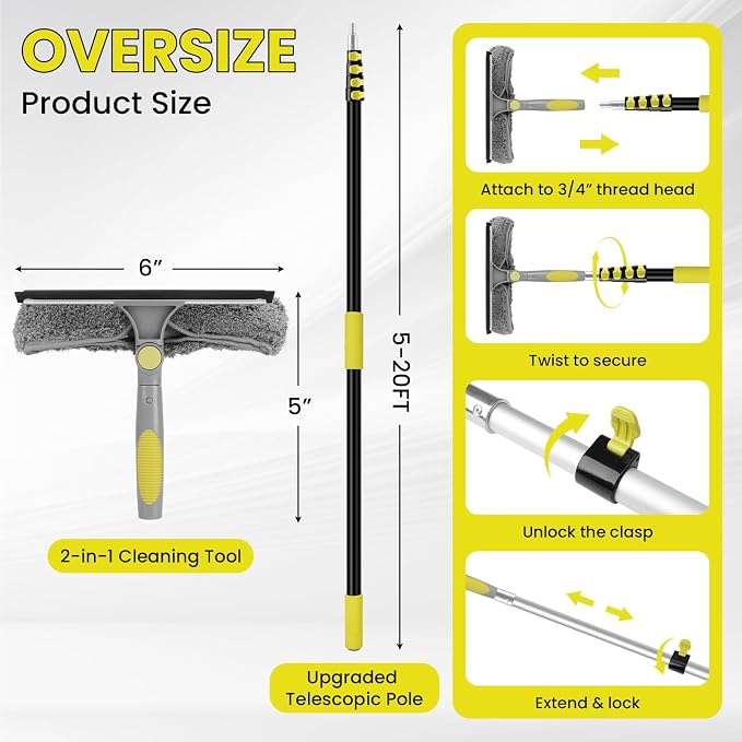 Window Squeegee with Extension Pole, 26FT Reach Squeegee for Window Cleaning, 2-in-1 Windows Washer, 180°Rotated Windows Cleaner Squeegees, Washable Window Squeegees for Home, Mirror, Car