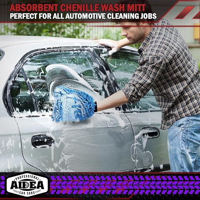 AIDEA Car Wash Mitt Microfiber, 1PK, Car Wash Brush, Blue, 7.12''X10.14'' | Scratch Free Lint-Free Premium Chenille Microfiber Mitt, Cleaning Supplies, Regular Size