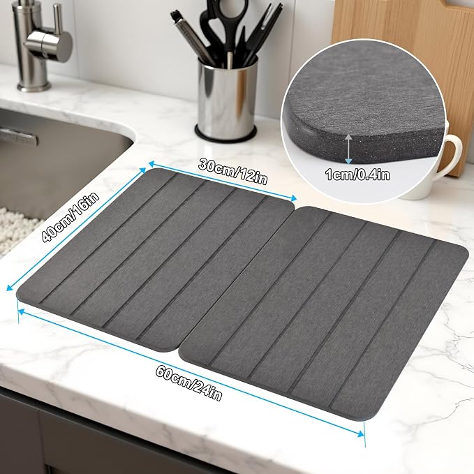 Stone Drying Mat for Kitchen Counter, 2-Pack 16"x12" Fast Drying Stone Dish Mat, Double-Sided Diatomaceous Earth Dish Drying Mat, Highly Absorbent Eco-Friendly Kitchen Mat (Gray, Vertical Stripes)