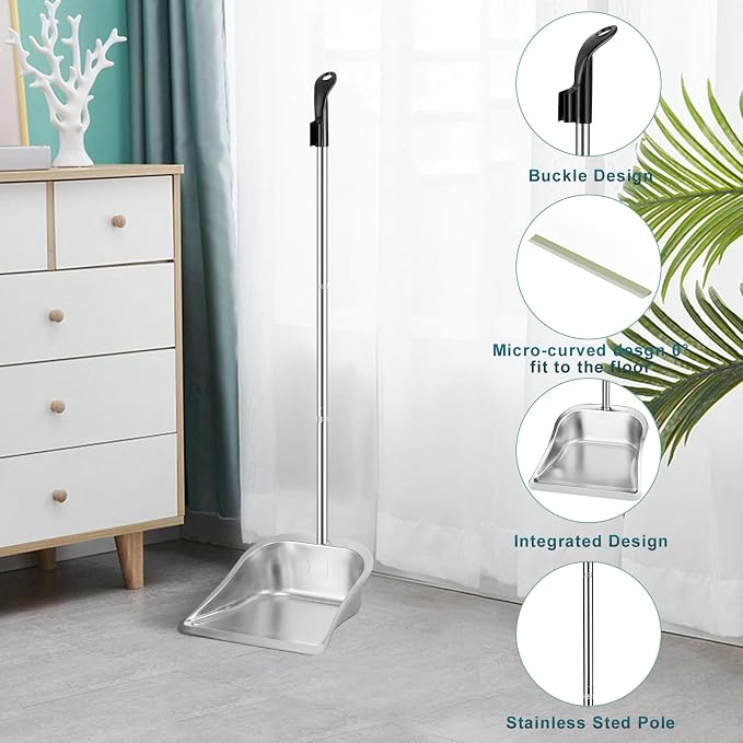 Dust Pans with Long Handle - 35”Heavy Duty Metal Upright Stand Up Dustpan | Long Handled Dustpans with Adjustable Handle,Stainless Steel Dust Pan for Home,Outdoor,Office,No Tool-Snap&Lock in 3 Seconds