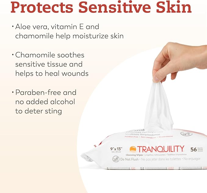 Tranquility Cleansing Wipes, Adult Size Disposable Wet Washcloths, Enriched with Aloe Vera, Chamomile, & Vitamin E, Hypoallergenic, Alcohol-Free, Mild Scented, 9"x13", 56ct Bag (Case of 4)