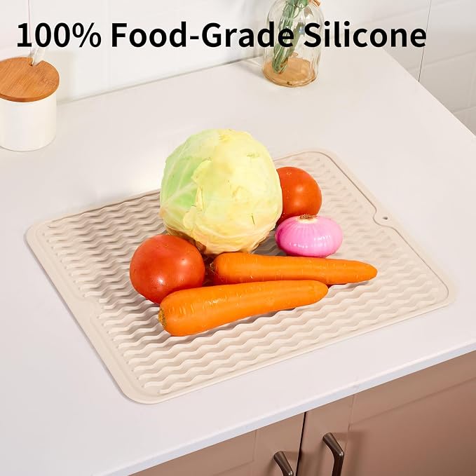 ZLR Silicone Dish Drying Mat for Kitchen Counter (12" x 16" / 307 x 405mm) - Large Fast-Dry Drainer Mat with Raised Wavy Ridges & 5mm Lip - Non-Slip, Heat Resistant 450°F, BPA-Free (Cassava White)