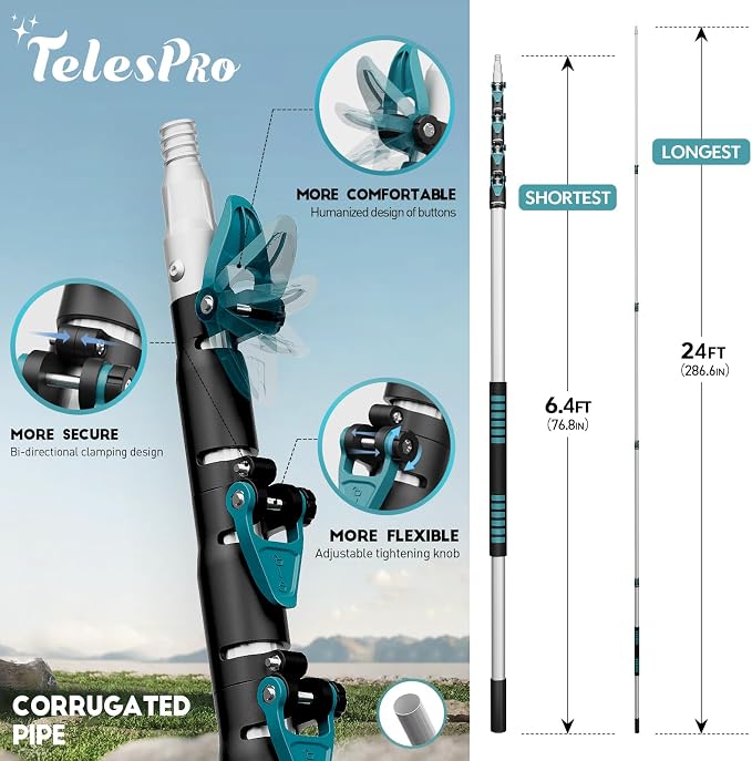 TelesPro 30 Foot High Reach Duster Kit with 6-24FT Extension Pole High Ceiling Dusting and Window Cleaning Kit with Telescopic Pole Window Washer&Squeegee,Cobweb Duster,Fan Duster and Feather Duster