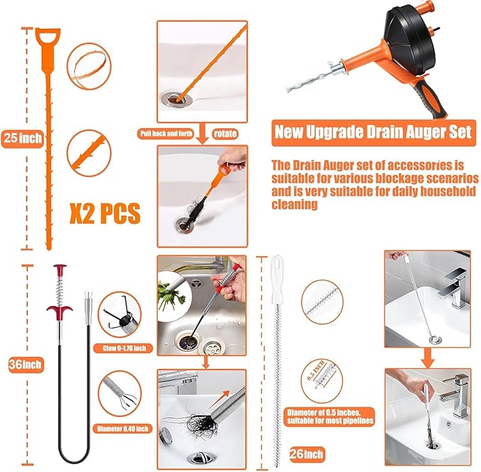 Drain Snake, Drain Auger with Drill Attachment, 25 Feet Plumbing Snake Tool Set Included Drain Clog Remover, Hair Clog Remover ＆ Cleaning Brush for Kitchen, Bathroom and Shower Sink with Gloves