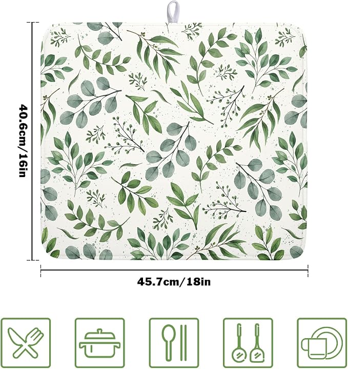 Kawani Sage Green Dish Drying Mat 16x18 In Absorbent Reversible Eucalyptus Leaves Plant Drying Mat Green Plant Dish Drying Rack Mat Spring Summer Themed Dish Drainer Mat for Kitchen Counter Coffee Bar