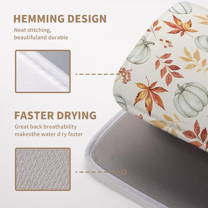 Fall Orange Maple Leaf Pumpkin Dish Drying Mat for Kitchen Counter Seasonal Autumn Thanksgiving Harvest Drying Mats Absorbent Microfiber Dishes Drainer Pad Holiday Dish Rack Mat 16x18 Inch