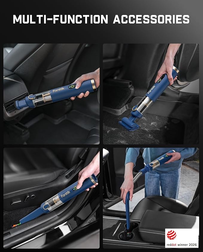 Fanttik Slim V10 APEX Cordless Car Vacuum, 4-in-1 Portable Mini Handheld Vac, 19kPa Suction Power, Upgraded Smart Digital Display, 2 Suction Modes for Small Jobs, Car, Office Desk, Keyboards (Blue)