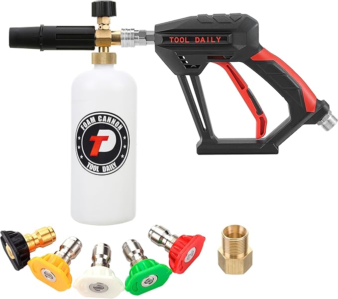 Tool Daily Short Pressure Washer Gun with Foam Cannon, 1/4" Quick Connect | 5 Power Washer Nozzle Tips Multiple Degrees, 1 Liter Soap Cannon, M22 Pressure Washing Gun, Not Compatible with GardenHose