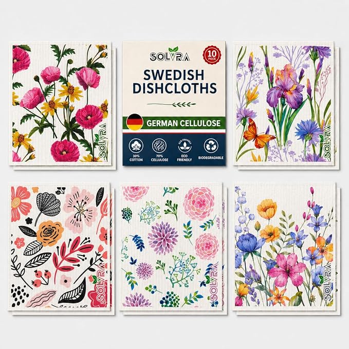 10 PCS Flower Print Swedish Dishcloths for Kitchen 100% Biodegradable, Reusable Cellulose Sponge Cloths Ultra Absorbent, Eco Friendly Cleaning Towels Dishcloths for Washing Dishes & General Cleaning