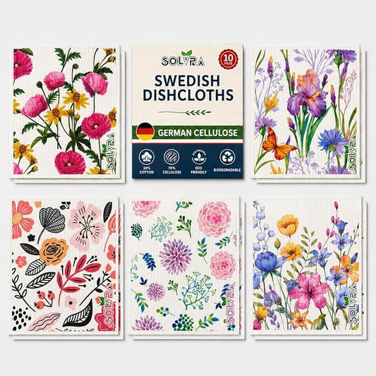 10 PCS Flower Print Swedish Dishcloths for Kitchen 100% Biodegradable, Reusable Cellulose Sponge Cloths Ultra Absorbent, Eco Friendly Cleaning Towels Dishcloths for Washing Dishes & General Cleaning